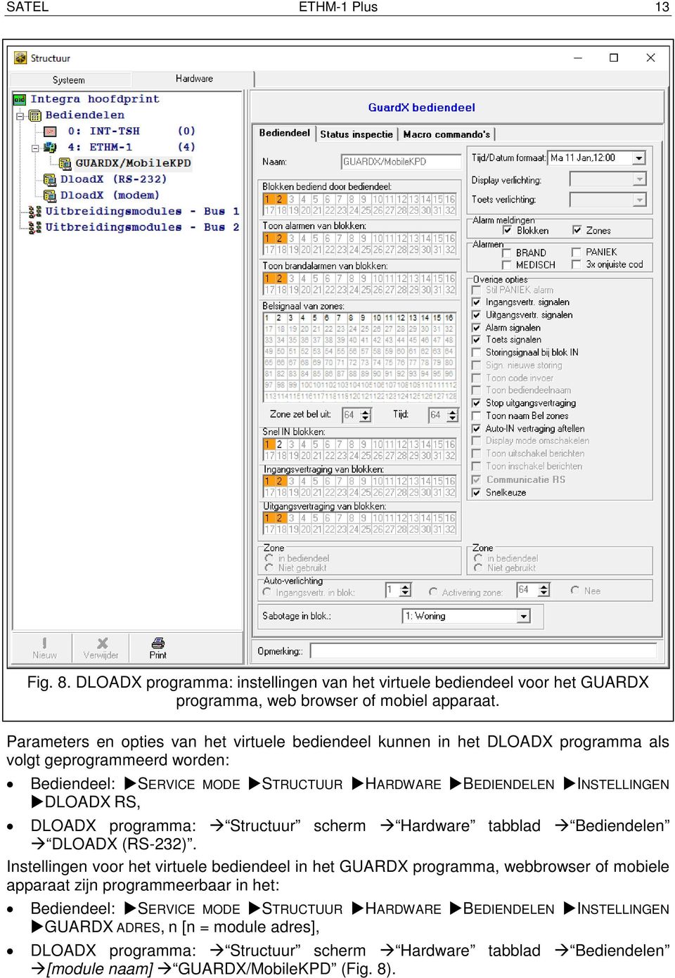 RS, DLOADX programma: Structuur scherm Hardware tabblad Bediendelen DLOADX (RS-232).