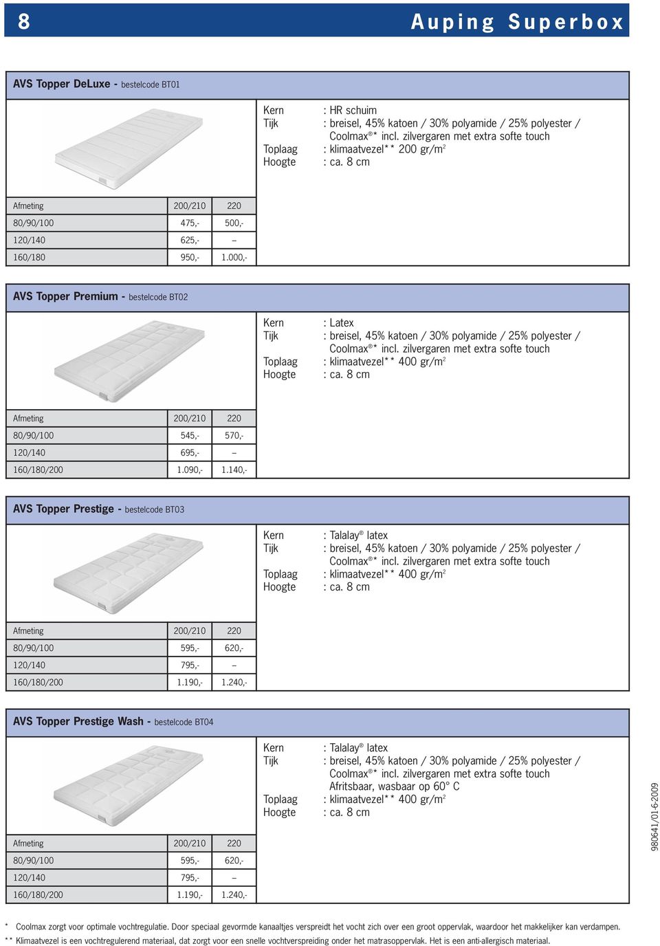 000,- AVS Topper Premium - bestelcode BT02 Kern : Latex Tijk : breisel, 45% katoen / 30% polyamide / 25% polyester / Coolmax * incl.