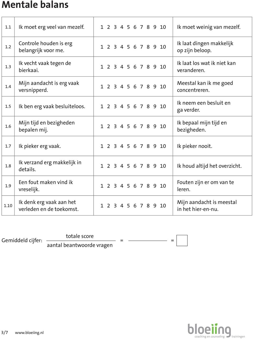 Mijn tijd en bezigheden bepalen mij. Ik bepaal mijn tijd en bezigheden. 1.7 Ik pieker erg vaak. Ik pieker nooit. 1.8 Ik verzand erg makkelijk in details. Ik houd altijd het overzicht.