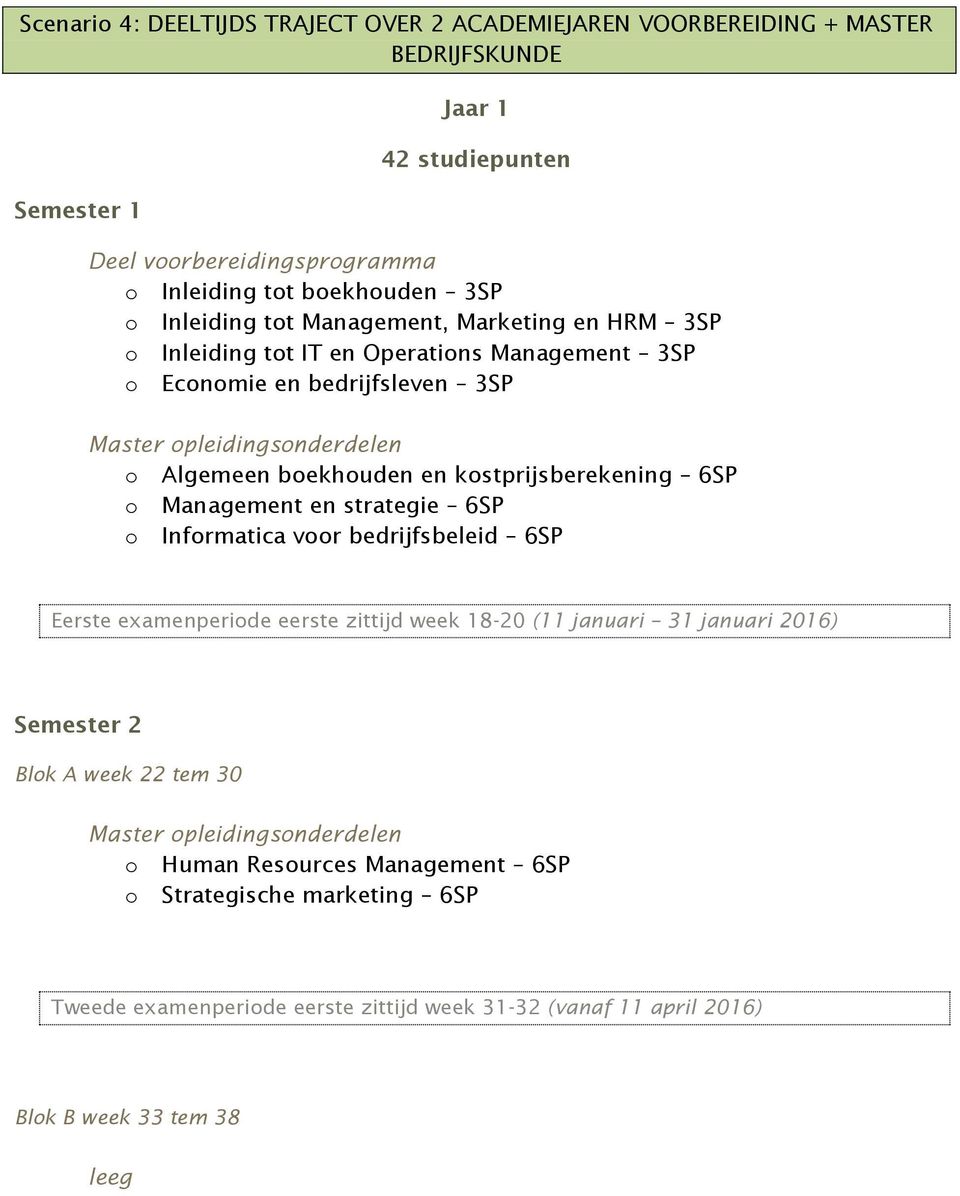 kostprijsberekening 6SP o Management en strategie 6SP o Informatica voor bedrijfsbeleid 6SP Eerste examenperiode eerste zittijd week 18-20 (11