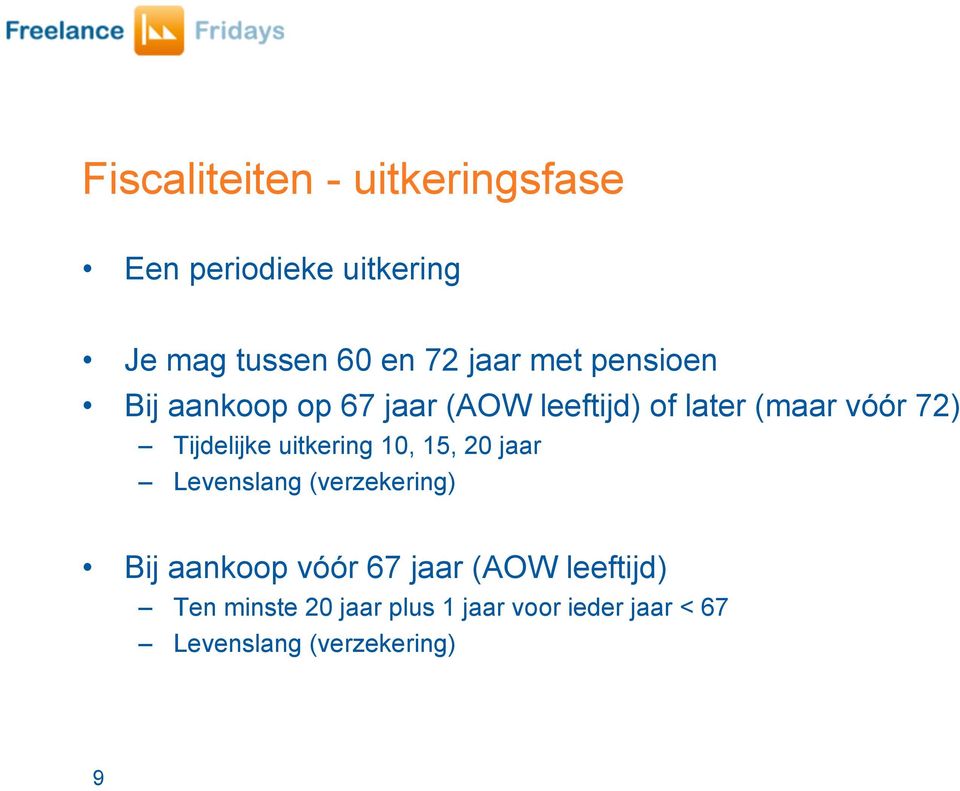 Tijdelijke uitkering 10, 15, 20 jaar Levenslang (verzekering) Bij aankoop vóór 67