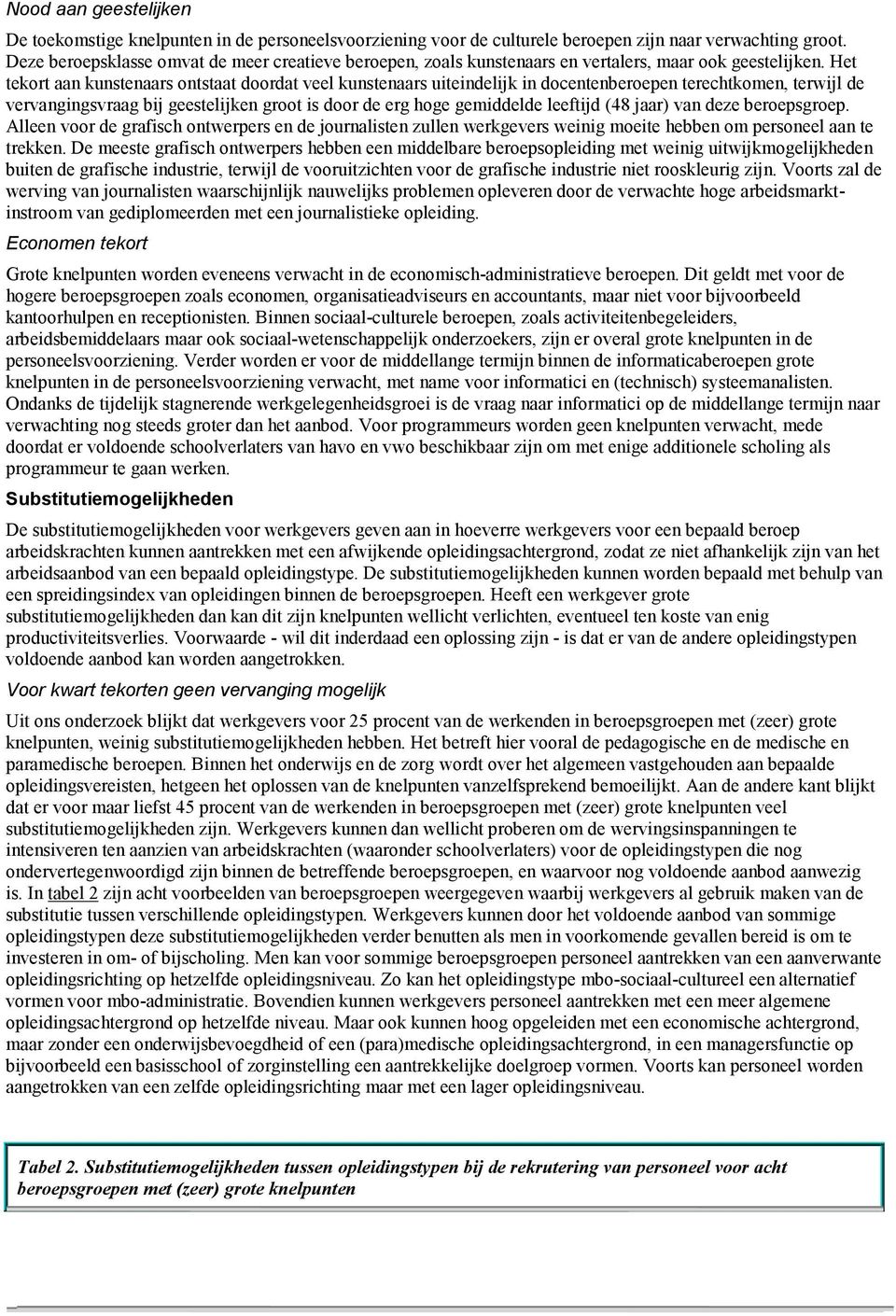 Het tekort aan kunstenaars ontstaat doordat veel kunstenaars uiteindelijk in docentenberoepen terechtkomen, terwijl de vervangingsvraag bij geestelijken groot is door de erg hoge gemiddelde leeftijd