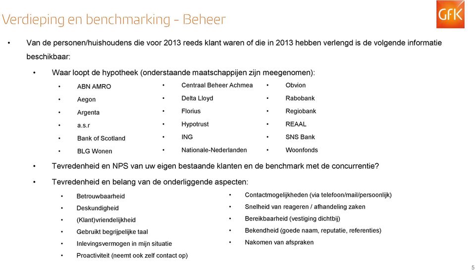 Regiobank a.s.r Hypotrust REAAL Bank of Scotland ING SNS Bank BLG Wonen Nationale-Nederlanden Woonfonds Tevredenheid en NPS van uw eigen bestaande klanten en de benchmark met de concurrentie?