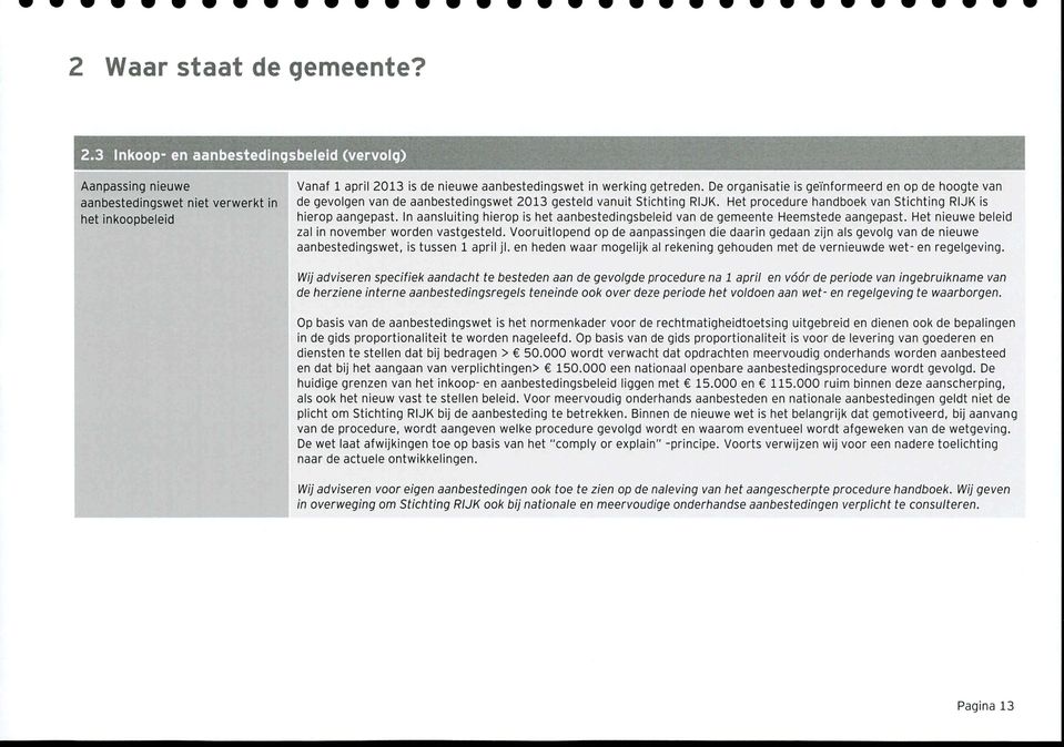 De organisatie is geïnformeerd en op de hoogte van de gevolgen van de aanbestedingswet 2013 gesteld vanuit Stichting RIJK. Het procedure handboek van Stichting RIJK is hierop aangepast.