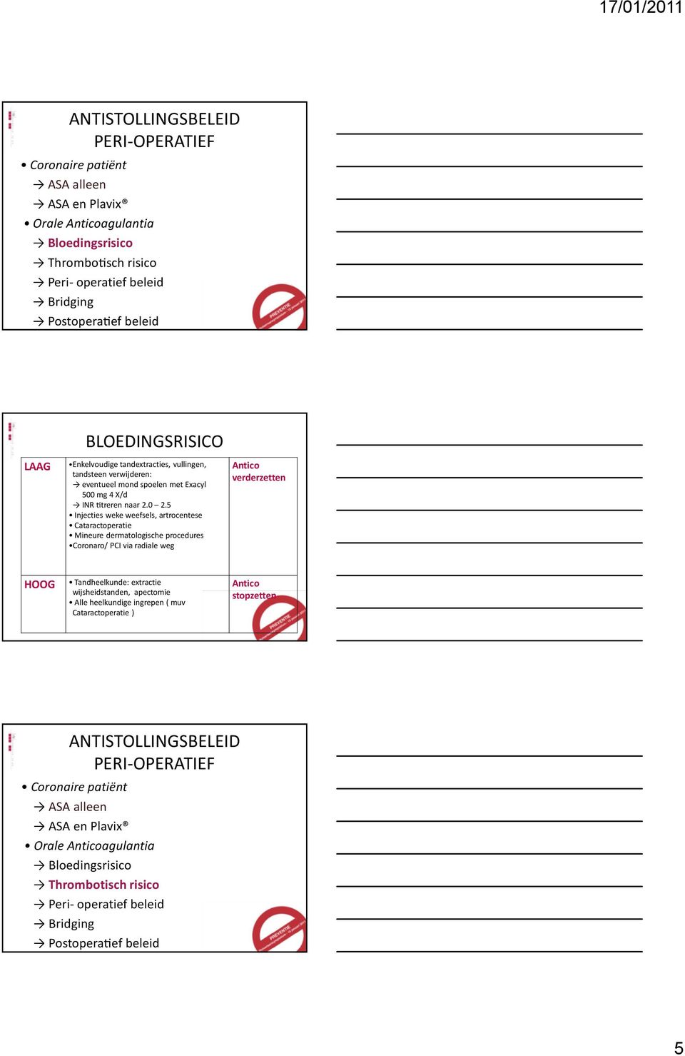 5 Injecties weke weefsels, artrocentese Cataractoperatie Mineure dermatologische procedures Coronaro/ PCI via