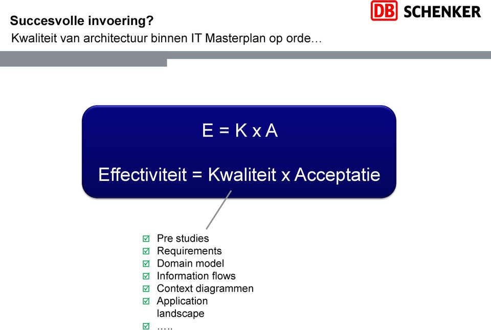E = K x A Effectiviteit = Kwaliteit x Acceptatie Pre