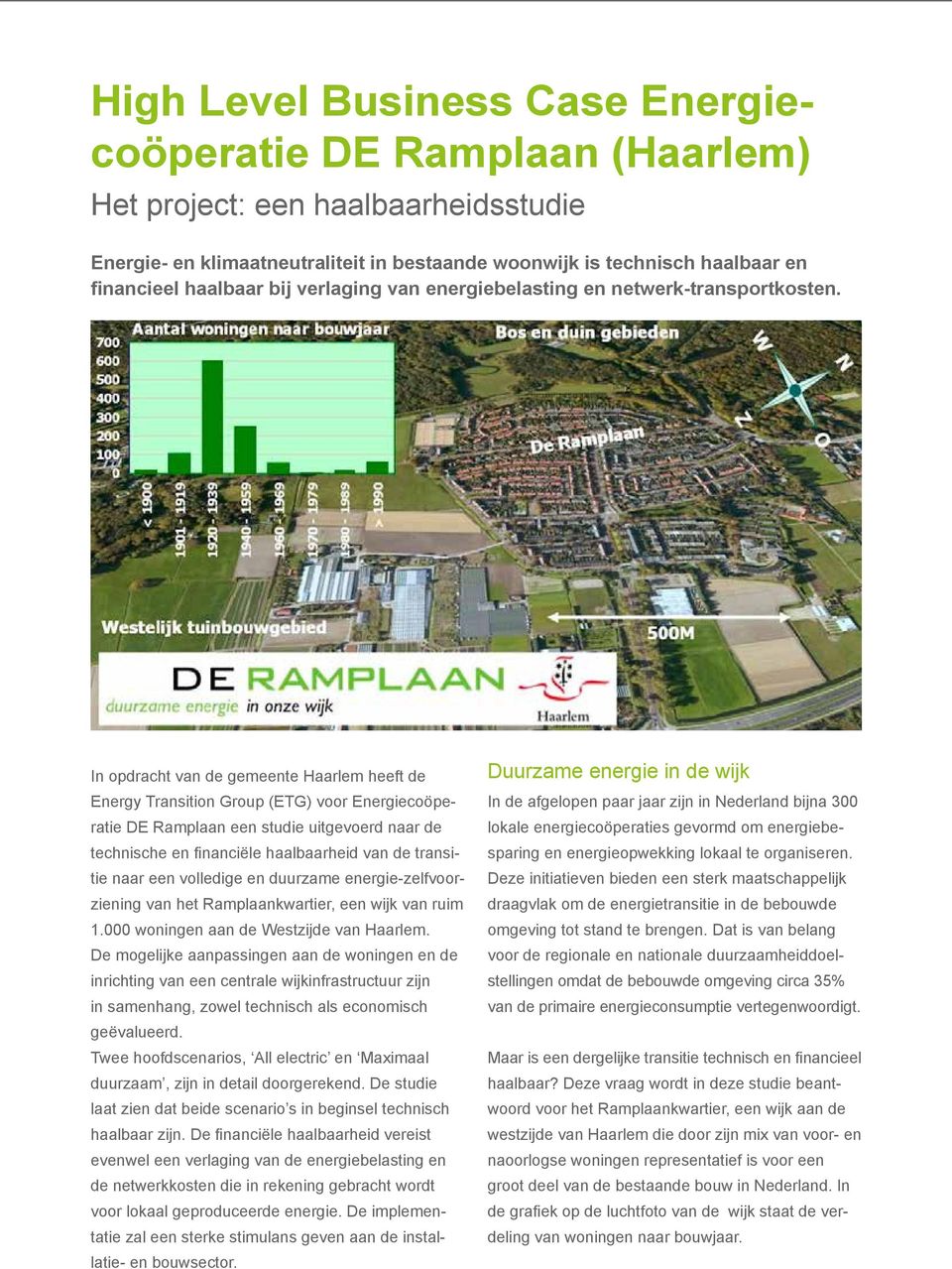 In opdracht van de gemeente Haarlem heeft de Energy Transition Group (ETG) voor Energiecoöperatie DE Ramplaan een studie uitgevoerd naar de technische en financiële haalbaarheid van de transitie naar