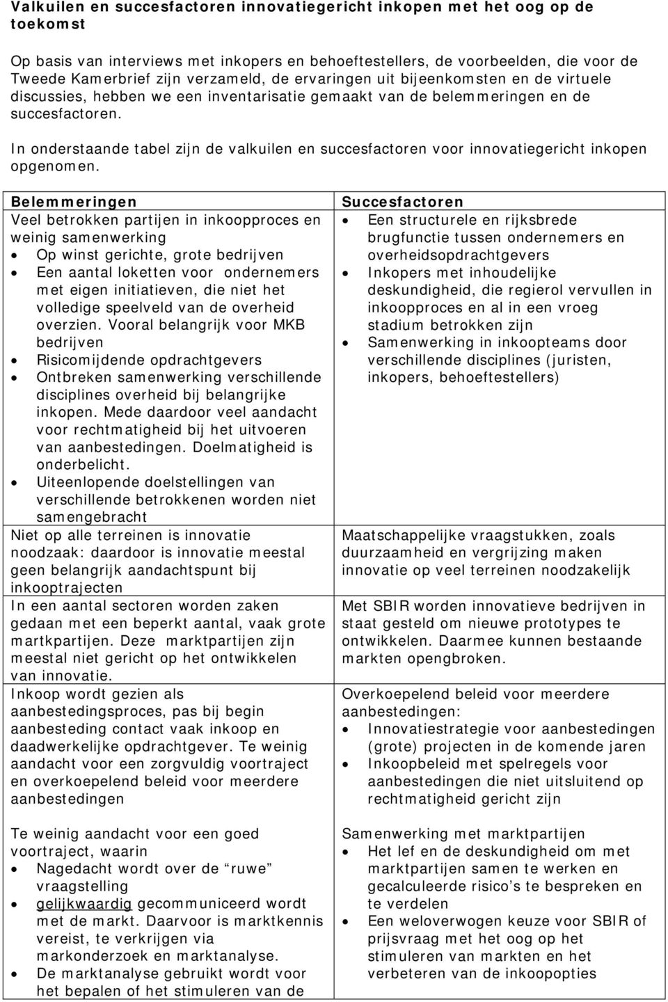 In onderstaande tabel zijn de valkuilen en succesfactoren voor innovatiegericht inkopen opgenomen.