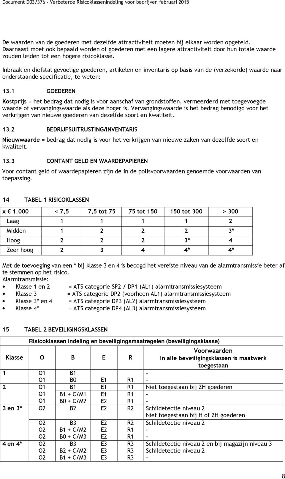 Inbraak en diefstal gevoelige goederen, artikelen en inventaris op basis van de (verzekerde) waarde naar onderstaande specificatie, te weten: 13.