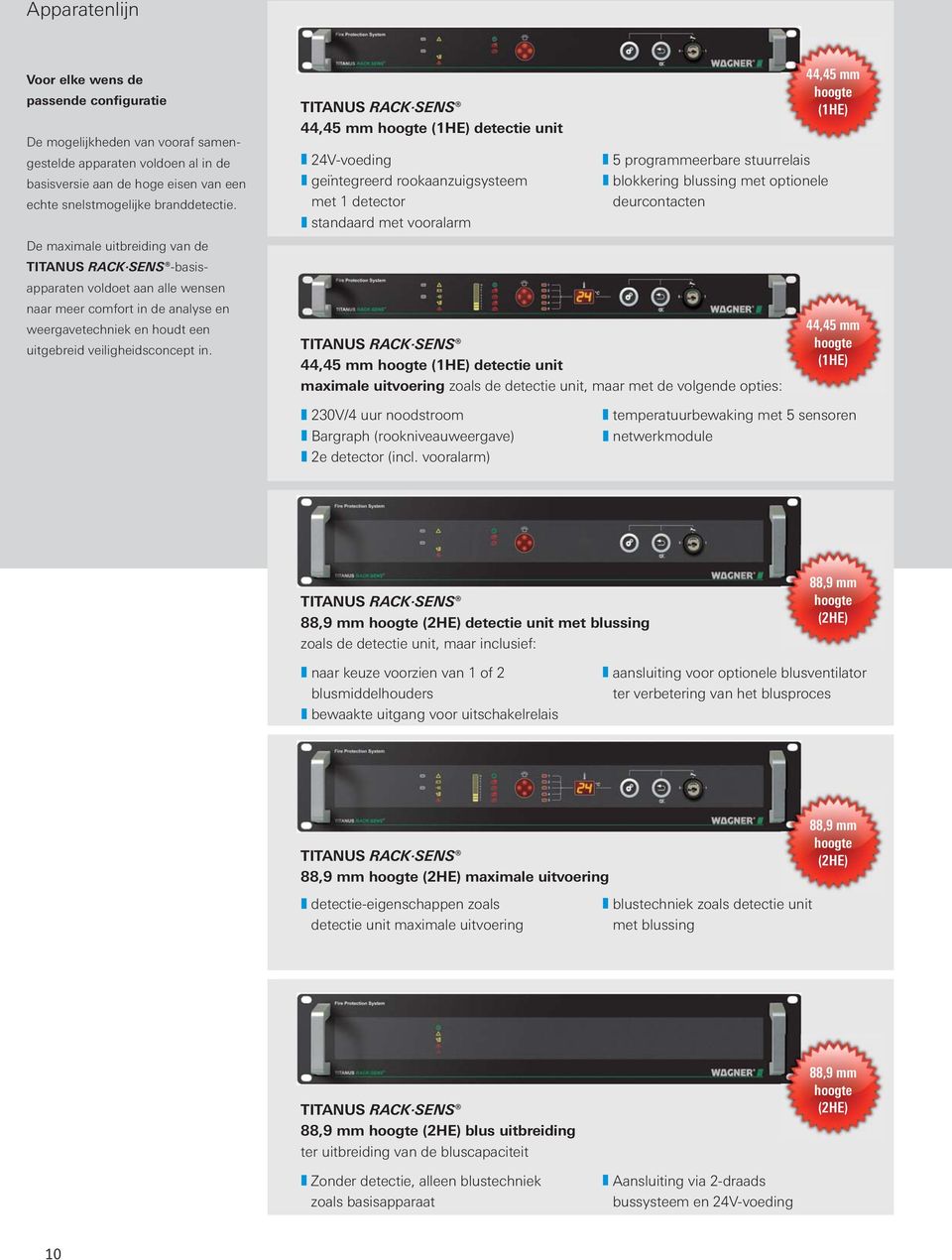 44,45 mm (1HE) detectie unit 24V-voeding geïntegreerd rookaanzuigsysteem met 1 detector standaard met vooralarm 5 programmeerbare stuurrelais blokkering blussing met optionele deurcontacten 44,45 mm