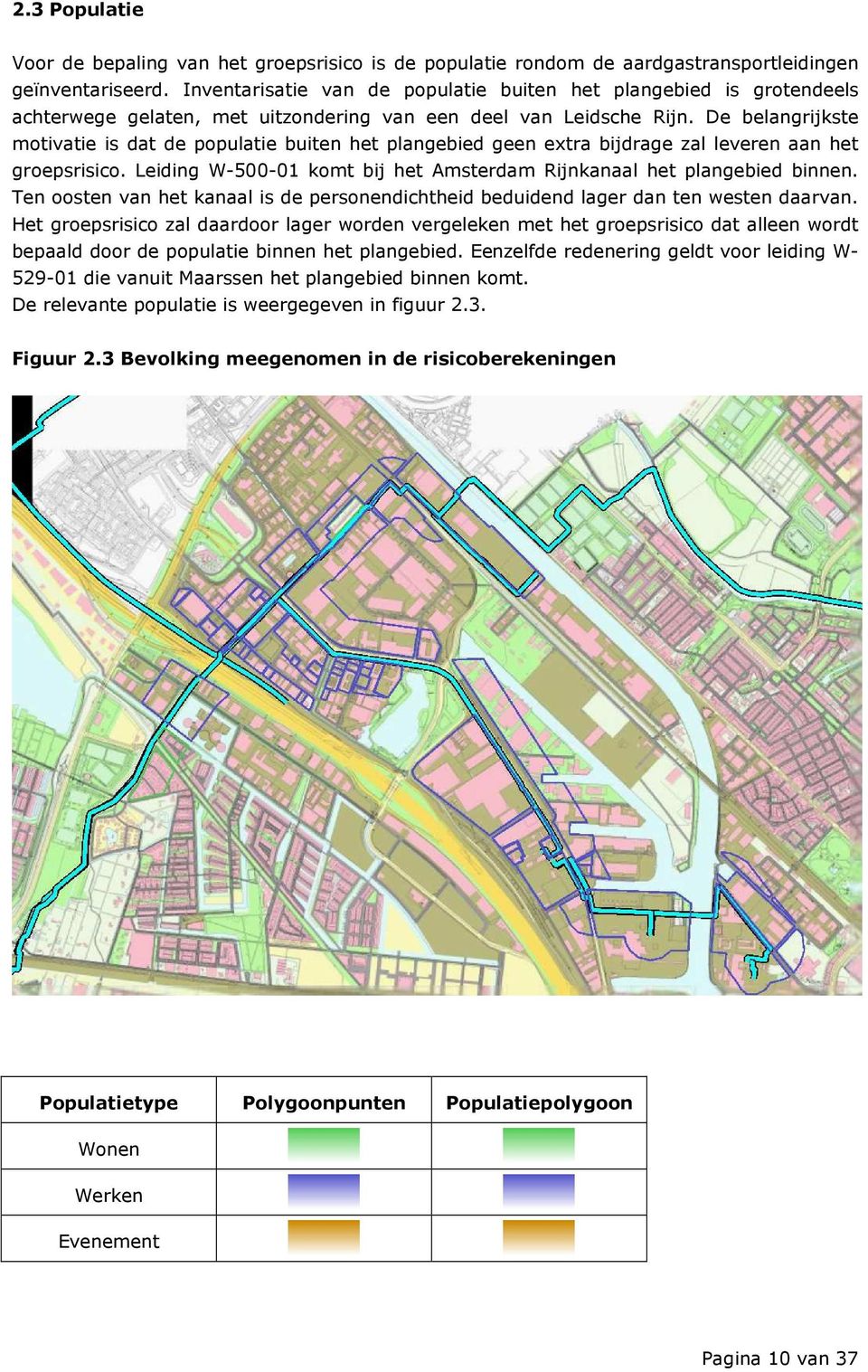 De belangrijkste motivatie is dat de populatie buiten het plangebied geen extra bijdrage zal leveren aan het groepsrisico. Leiding W-500-01 komt bij het Amsterdam Rijnkanaal het plangebied binnen.