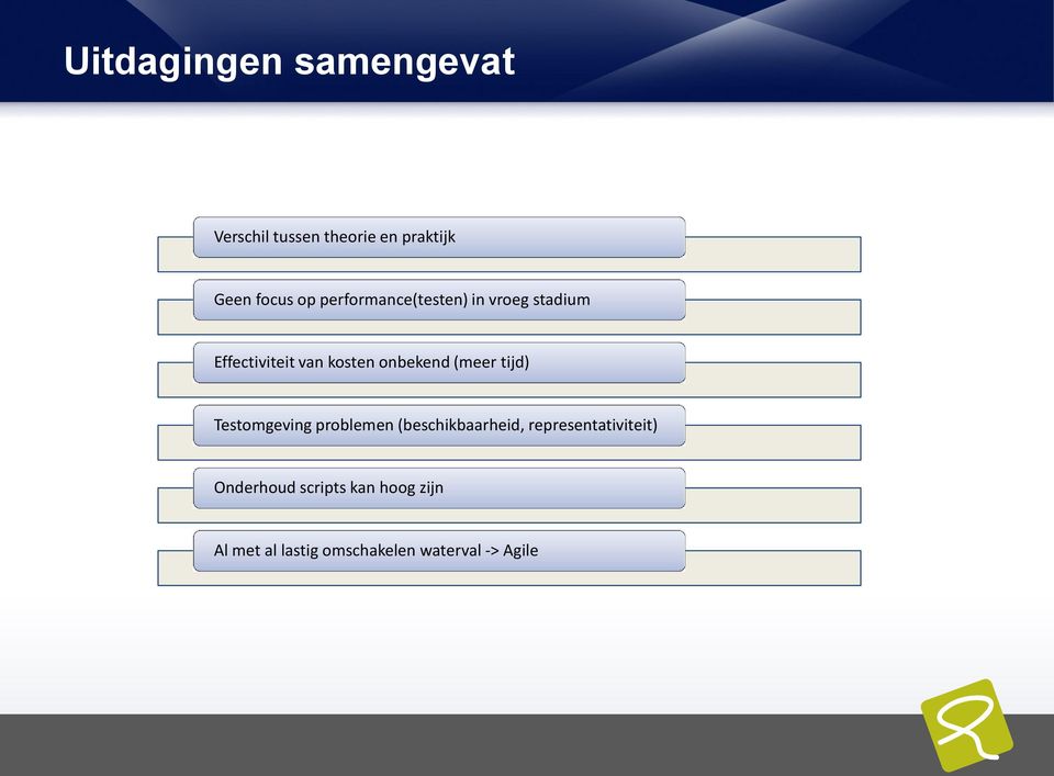 (meer tijd) Testomgeving problemen (beschikbaarheid, representativiteit)