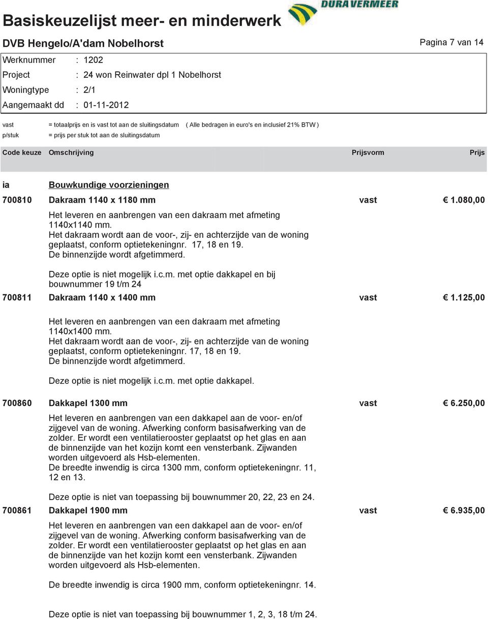 125,00 Het leveren en aanbrengen van een dakraam met afmeting 1140x1400 mm. Het dakraam wordt aan de voor-, zij- en achterzijde van de woning geplaatst, conform optietekeningnr. 17, 18 en 19.