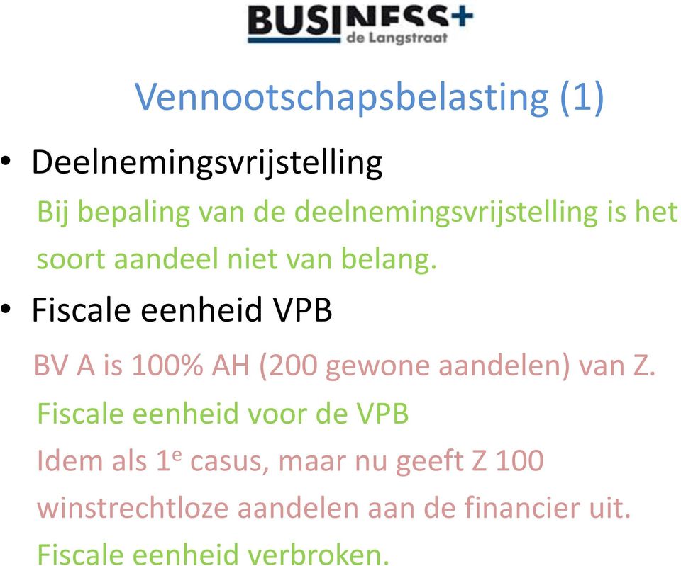 Fiscale eenheid VPB BV A is 100% AH (200 gewone aandelen) van Z.