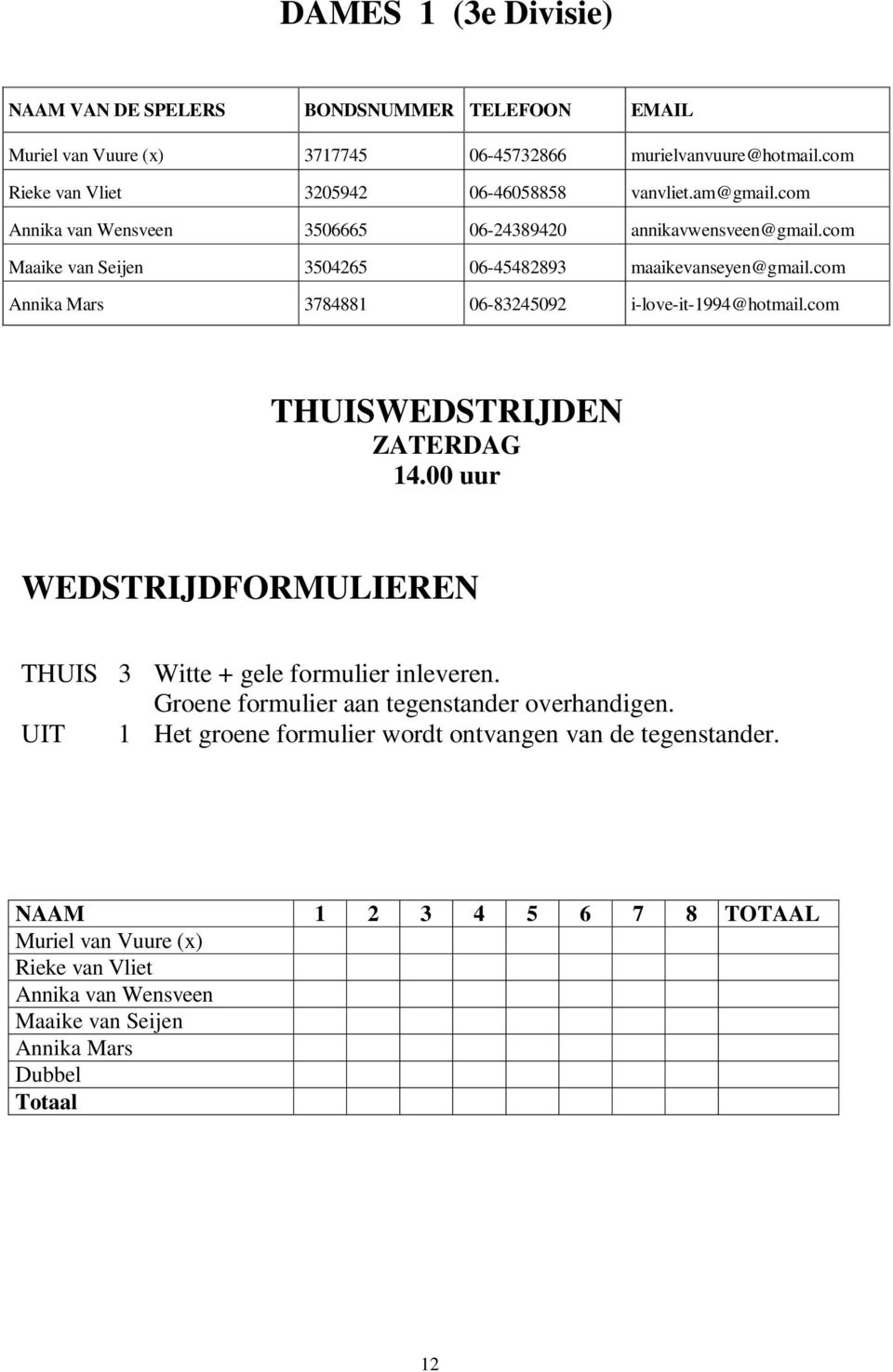 com Annika Mars 3784881 06-83245092 i-love-it-1994@hotmail.com THUISWEDSTRIJDEN ZATERDAG 14.00 uur WEDSTRIJDFORMULIEREN THUIS 3 Witte + gele formulier inleveren.