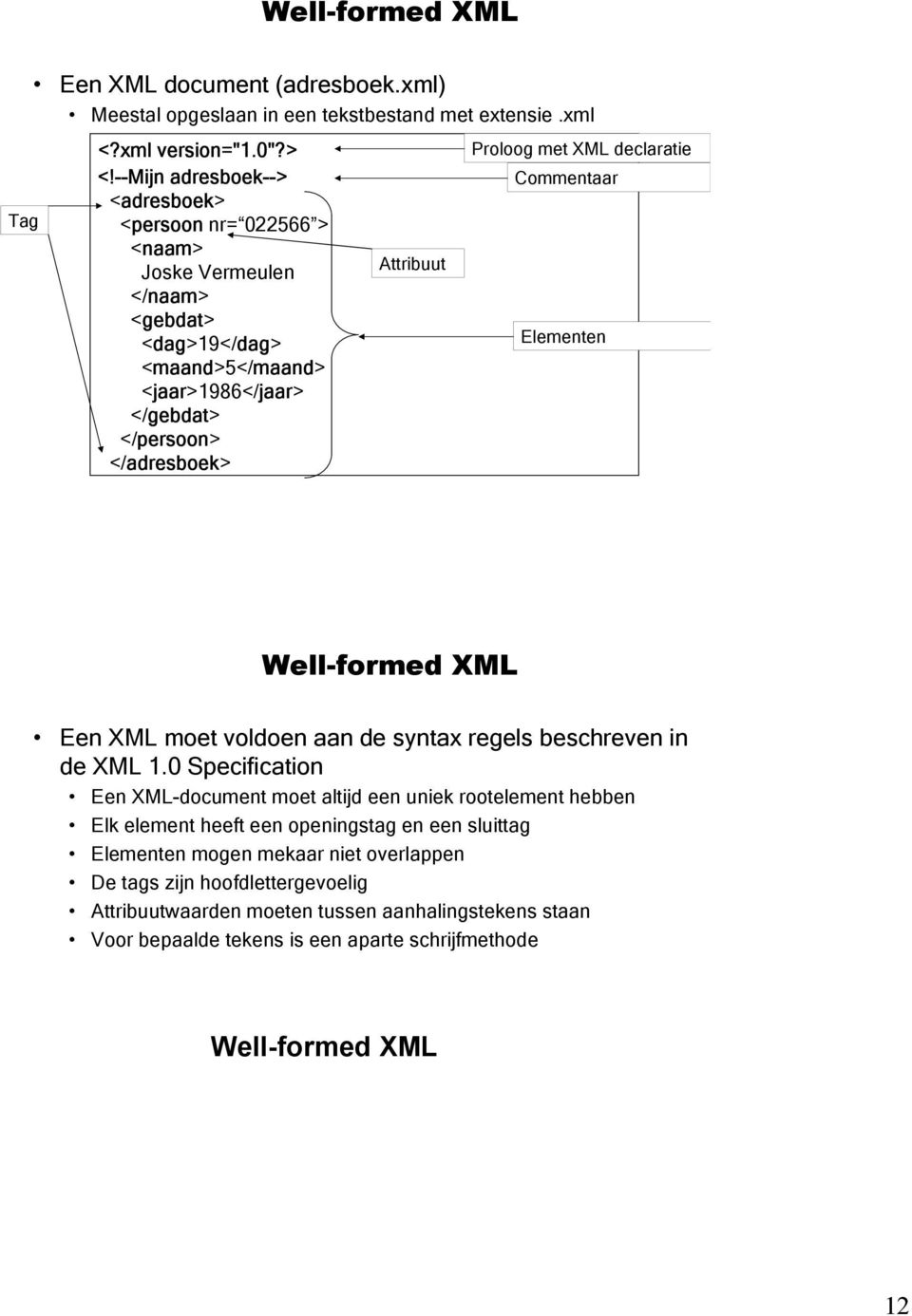 Proloog met XML declaratie Commentaar Elementen Well-formed XML Een XML moet voldoen aan de syntax regels beschreven in de XML 1.