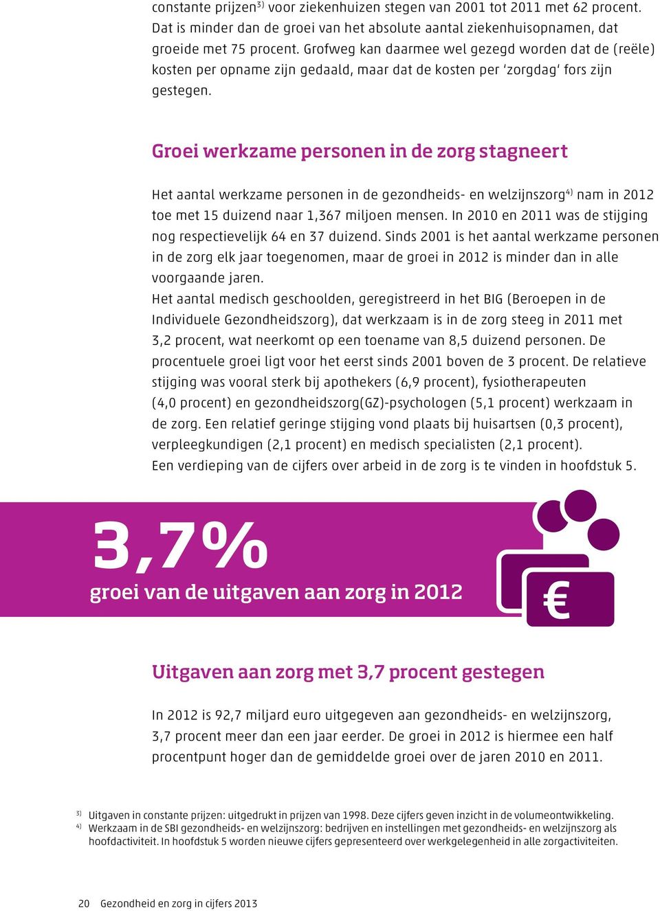 Groei werkzame personen in de zorg stagneert Het aantal werkzame personen in de gezondheids- en welzijnszorg 4) nam in 2012 toe met 15 duizend naar 1,367 miljoen mensen.