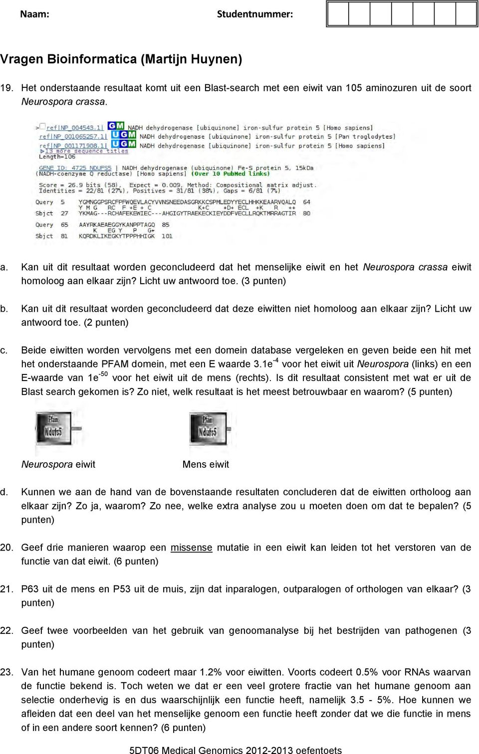 (3 punten) b. Kan uit dit resultaat worden geconcludeerd dat deze eiwitten niet homoloog aan elkaar zijn? Licht uw antwoord toe. (2 punten) c.