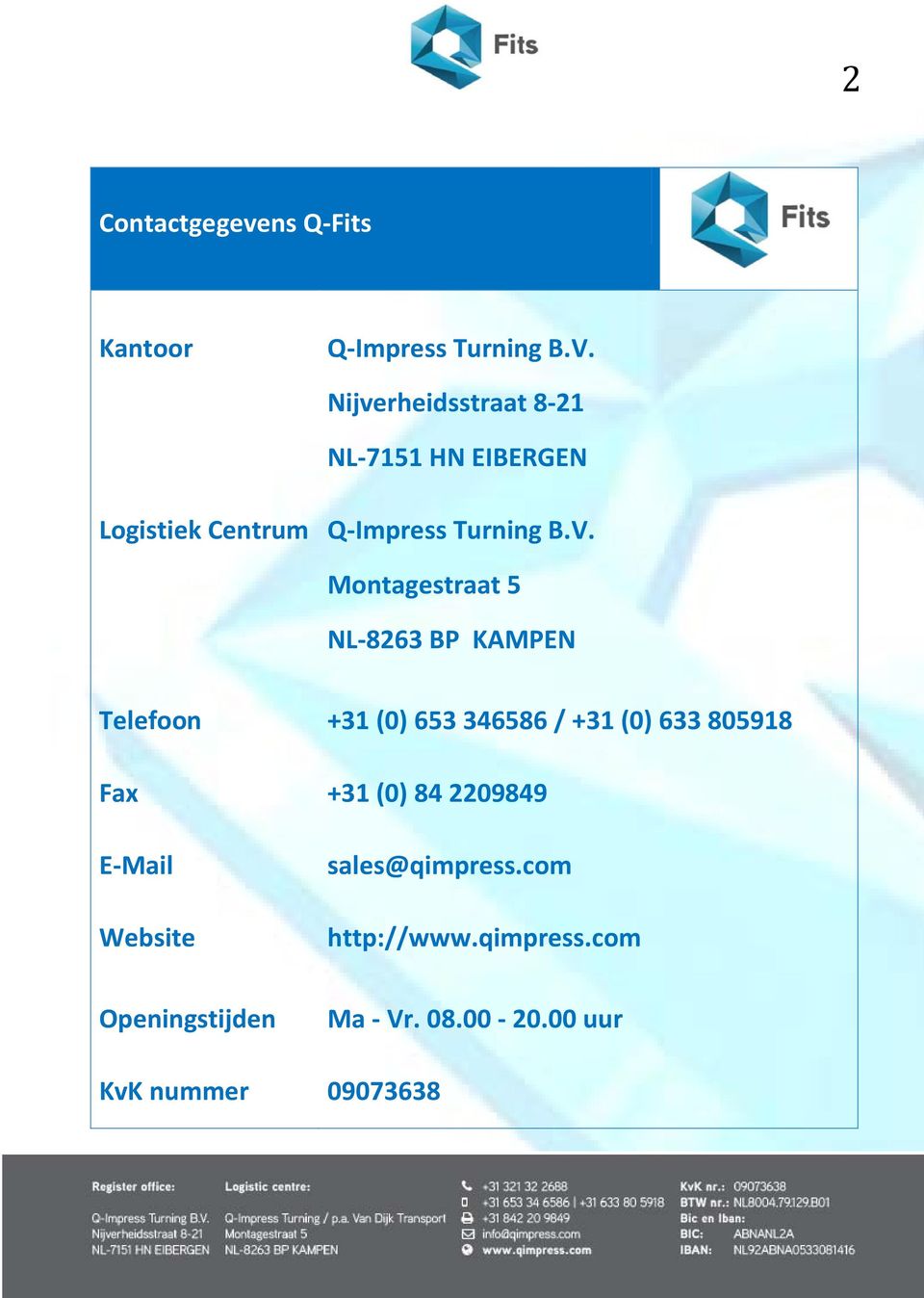 Montagestraat 5 NL-8263 BP KAMPEN Telefoon +31 (0) 653 346586 / +31 (0) 633 805918 Fax +31