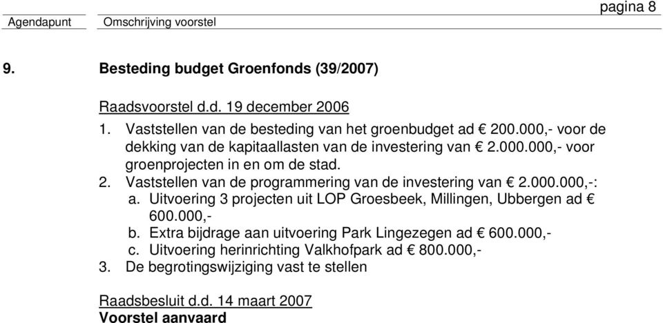 000.000,-: a. Uitvoering 3 projecten uit LOP Groesbeek, Millingen, Ubbergen ad 600.000,- b. Extra bijdrage aan uitvoering Park Lingezegen ad 600.