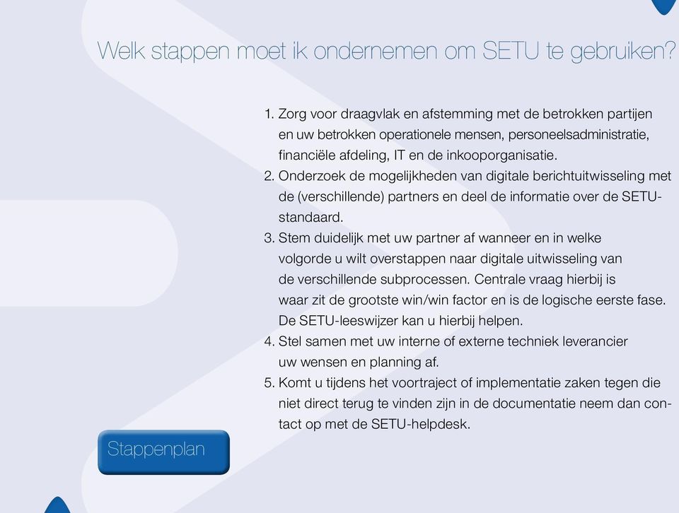 Onderzoek de mogelijkheden van digitale berichtuitwisseling met de (verschillende) partners en deel de informatie over de SETUstandaard. 3.