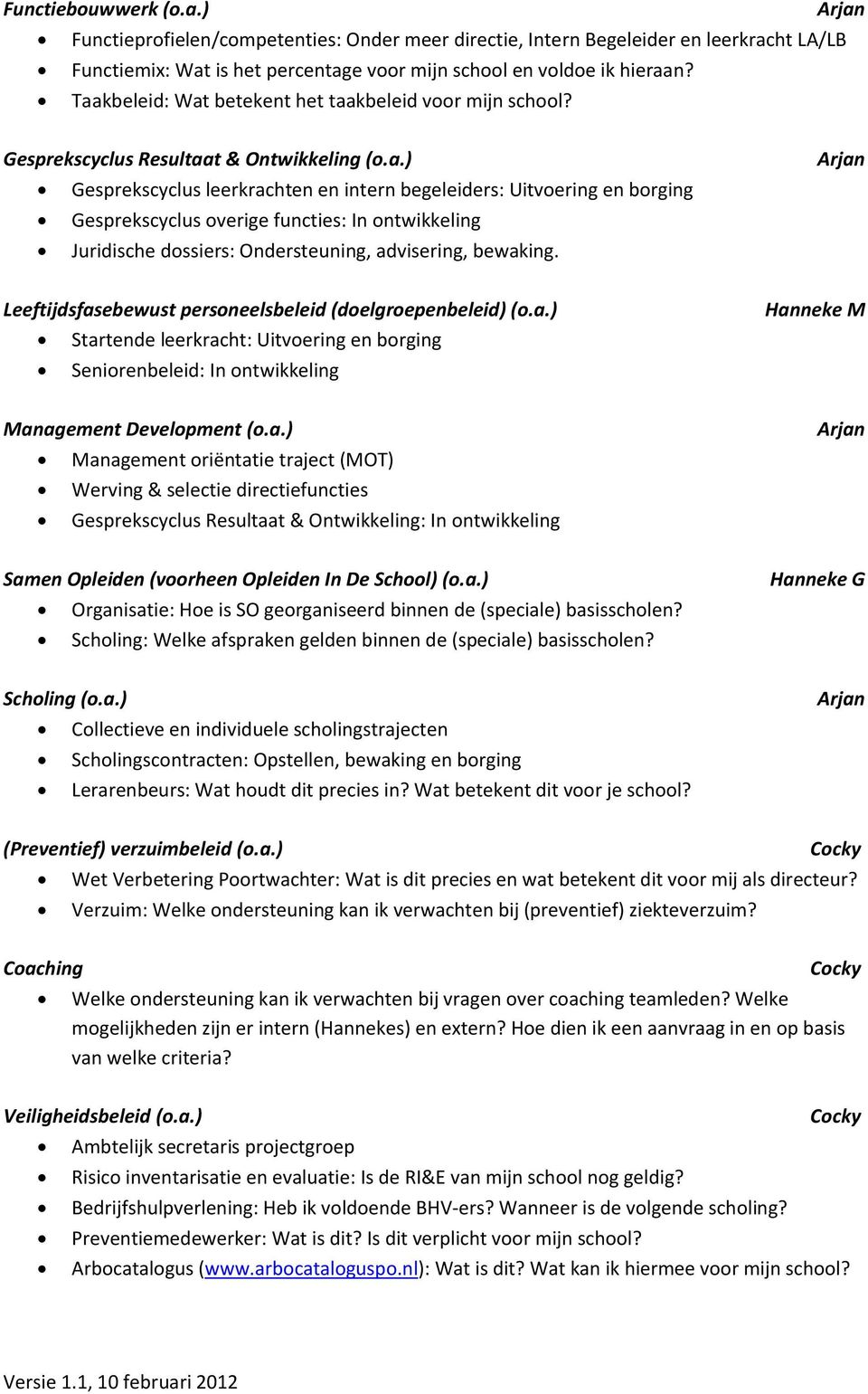 Leeftijdsfasebewust personeelsbeleid (doelgroepenbeleid) (o.a.) Startende leerkracht: Uitvoering en borging Seniorenbeleid: In ontwikkeling Hanneke M Management Development (o.a.) Management oriëntatie traject (MOT) Werving & selectie directiefuncties Gesprekscyclus Resultaat & Ontwikkeling: In ontwikkeling Samen Opleiden (voorheen Opleiden In De School) (o.