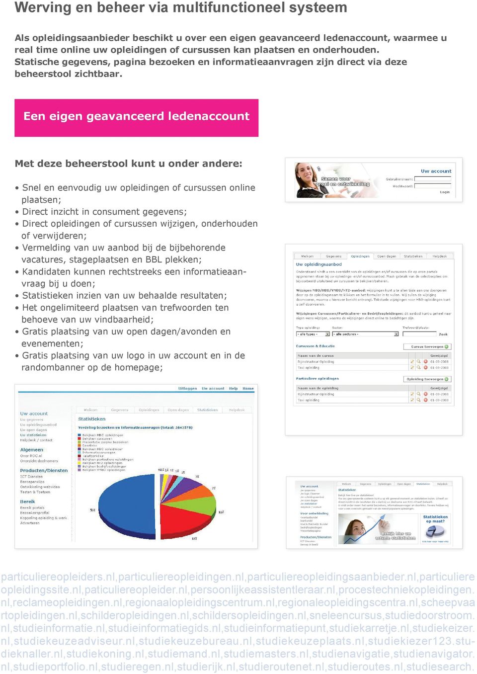 Een eigen geavanceerd ledenaccount Met deze beheerstool kunt u onder andere: Snel en eenvoudig uw opleidingen of cursussen online plaatsen; Direct inzicht in consument gegevens; Direct opleidingen of