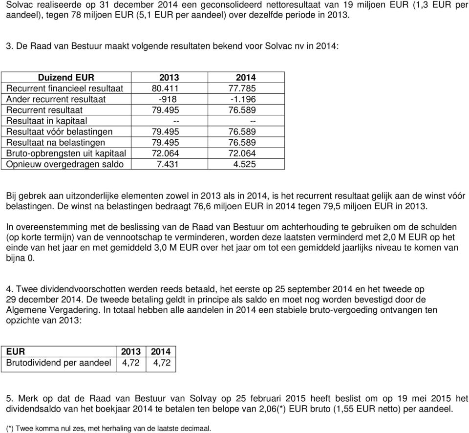 064 72.064 Opnieuw overgedragen saldo 7.431 4.525 Bij gebrek aan uitzonderlijke elementen zowel in 2013 als in 2014, is het recurrent resultaat gelijk aan de winst vóór belastingen.