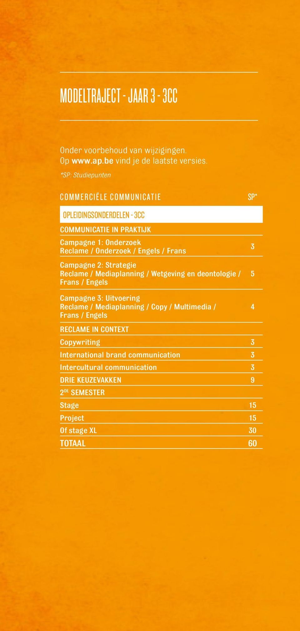 Campagne 2: Strategie Reclame / Mediaplanning / Wetgeving en deontologie / Frans / Engels Campagne 3: Uitvoering Reclame / Mediaplanning / Copy /