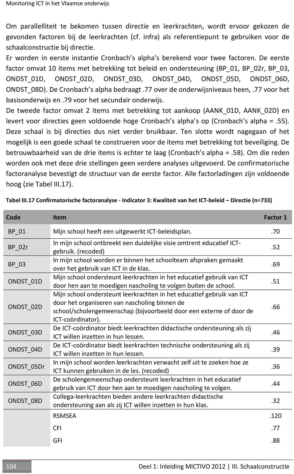 De eerste factor omvat 10 items met betrekking tot beleid en ondersteuning (BP_01, BP_02r, BP_03, ONDST_01D, ONDST_02D, ONDST_03D, ONDST_04D, ONDST_05D, ONDST_06D, ONDST_08D).