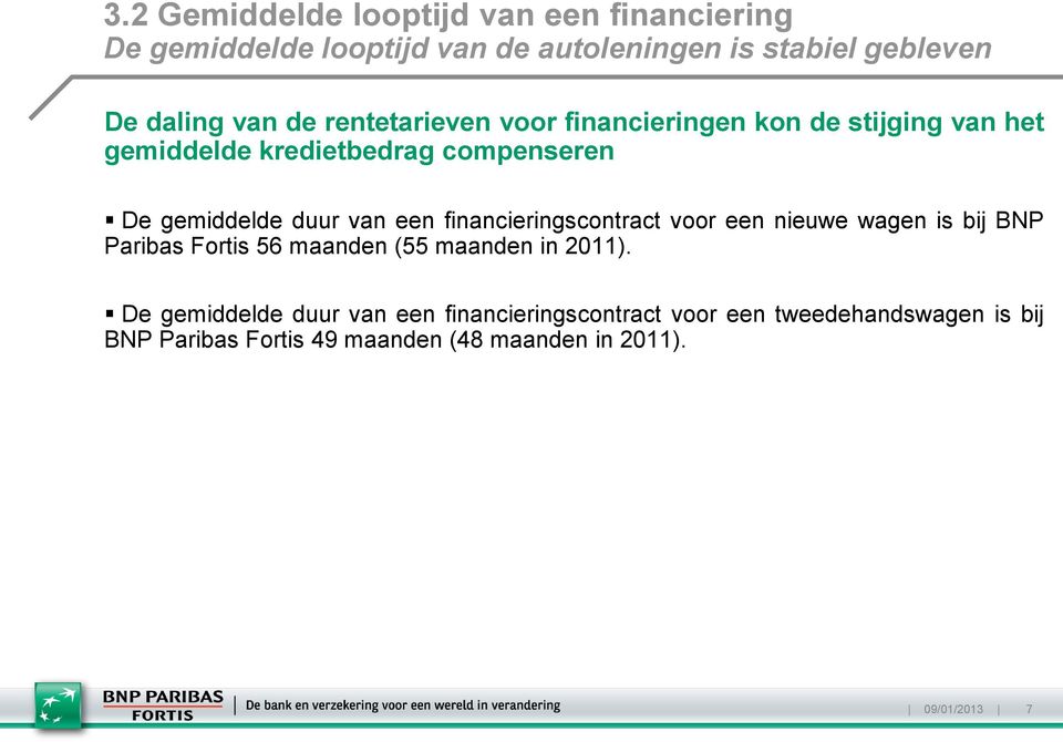 een financieringscontract voor een nieuwe wagen is bij BNP Paribas Fortis 56 maanden (55 maanden in 2011).
