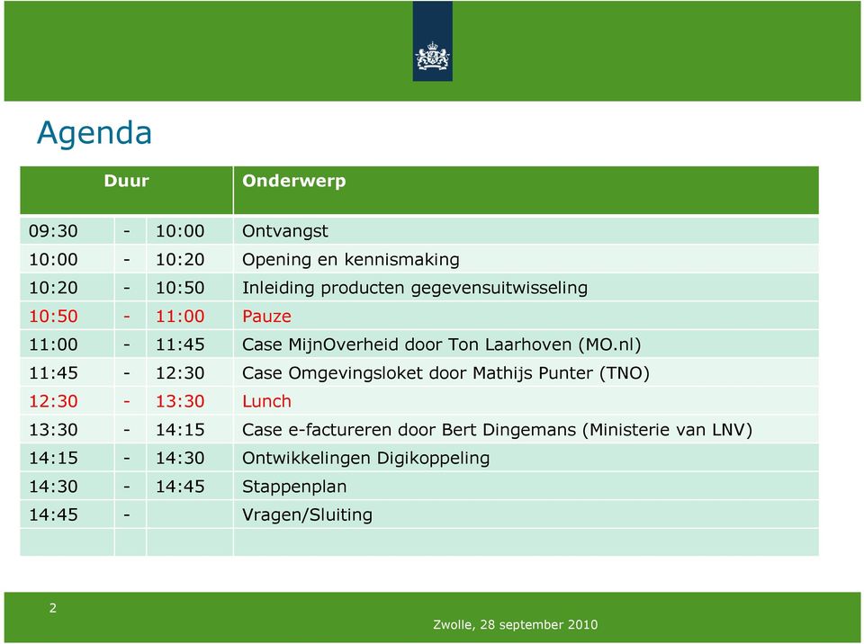 nl) 11:45-12:30 Case Omgevingsloket door Mathijs Punter (TNO) 12:30-13:30 Lunch 13:30-14:15 Case e-factureren