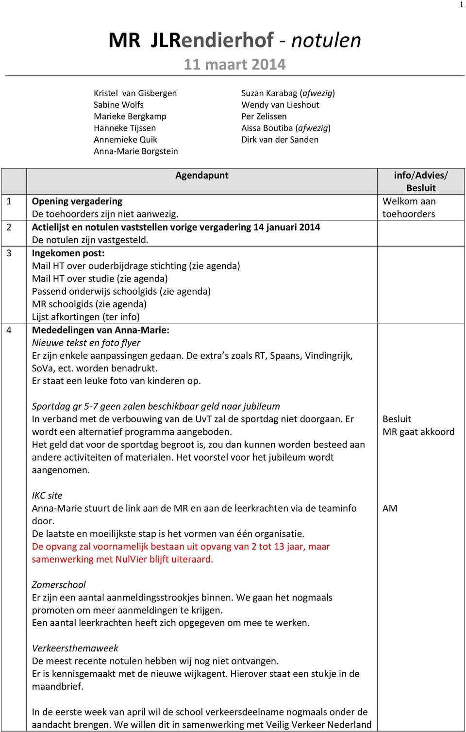 2 Actielijst en notulen vaststellen vorige vergadering 14 januari 2014 De notulen zijn vastgesteld.