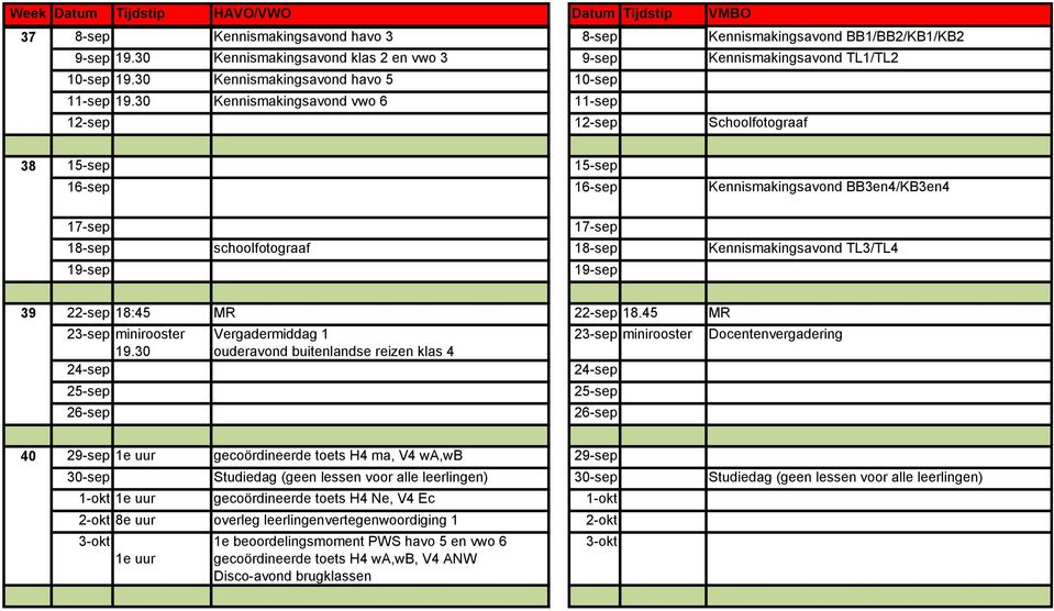 30 Kennismakingsavond vwo 6 11-sep 12-sep 12-sep Schoolfotograaf 38 15-sep 16-sep 16-sep Kennismakingsavond BB3en4/KB3en4 15-sep 17-sep 17-sep 18-sep schoolfotograaf 18-sep Kennismakingsavond TL3/TL4