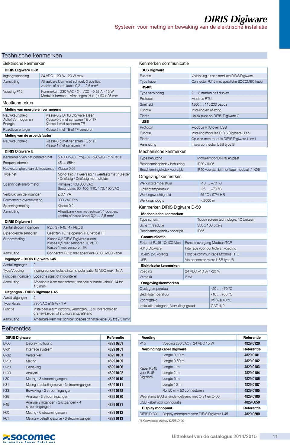 Meting van energie en vermogens Nauwkeurigheid Actief Vermogen en Energie Klasse 0,2 DIRIS Digiware alleen Klasse 0,5 met sensoren TE of TF Klasse met sensoren TR Reactieve energie Klasse 2 met TE of