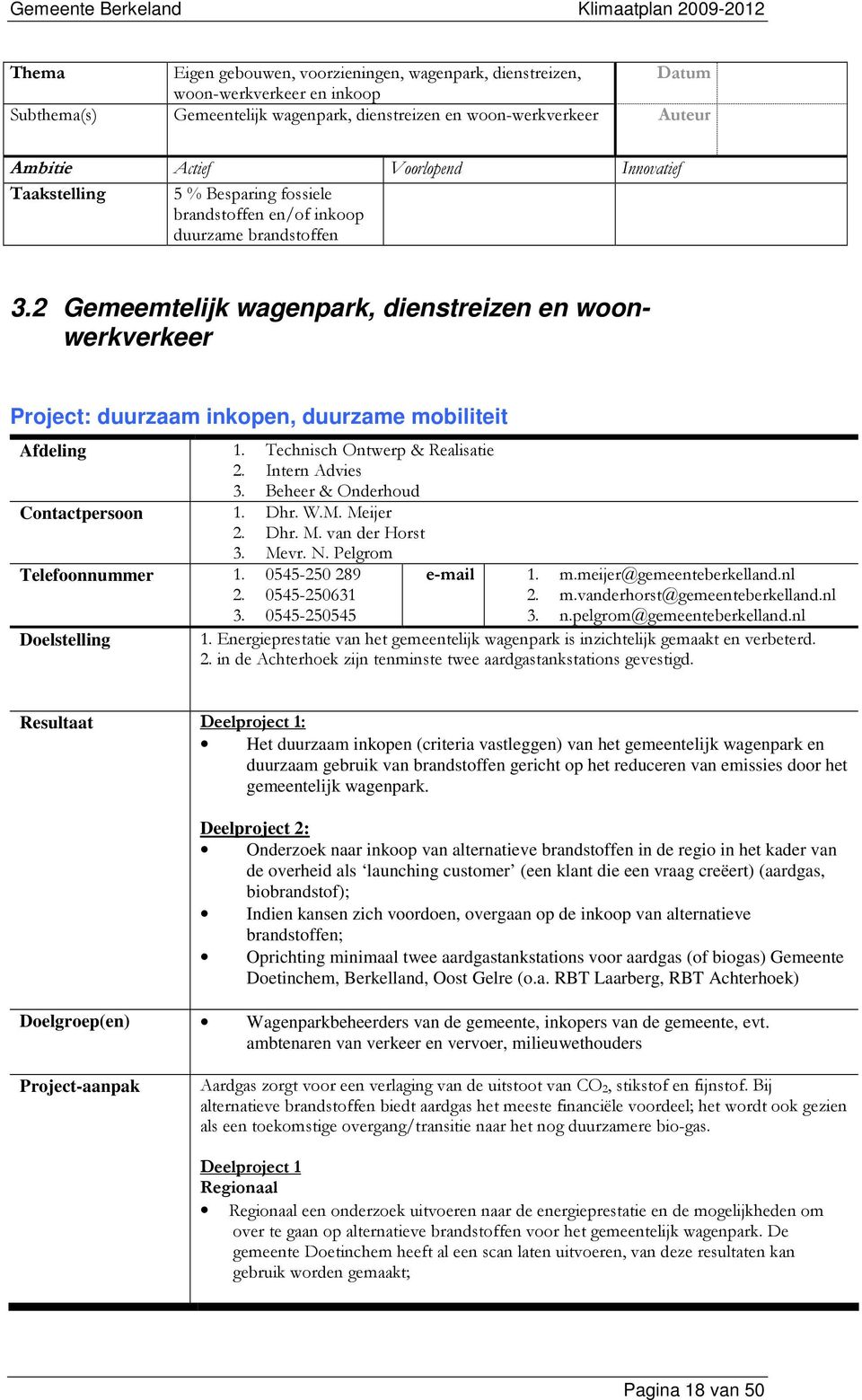 /0 % $ / $ $ Resultaat $ % Het duurzaam inkopen (criteria vastleggen) van het gemeentelijk wagenpark en duurzaam gebruik van brandstoffen gericht op het reduceren van emissies door het gemeentelijk