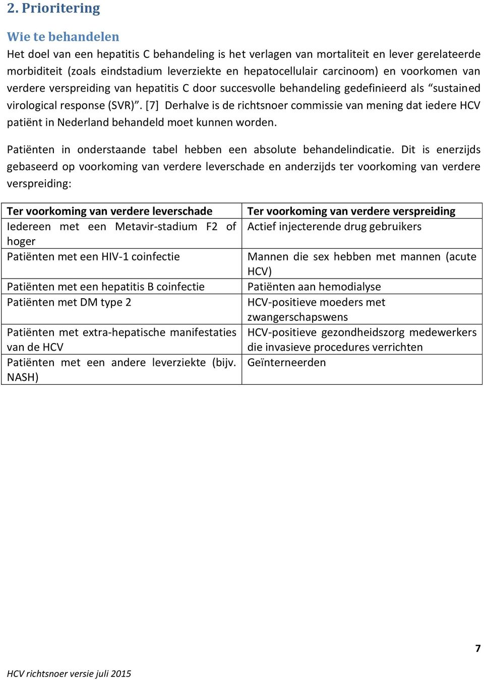 [7] Derhalve is de richtsnoer commissie van mening dat iedere HCV patiënt in Nederland behandeld moet kunnen worden. Patiënten in onderstaande tabel hebben een absolute behandelindicatie.