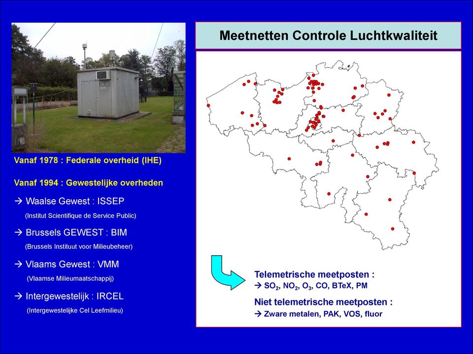Milieubeheer) Vlaams Gewest : VMM (Vlaamse Milieumaatschappij) Intergewestelijk : IRCEL (Intergewestelijke Cel