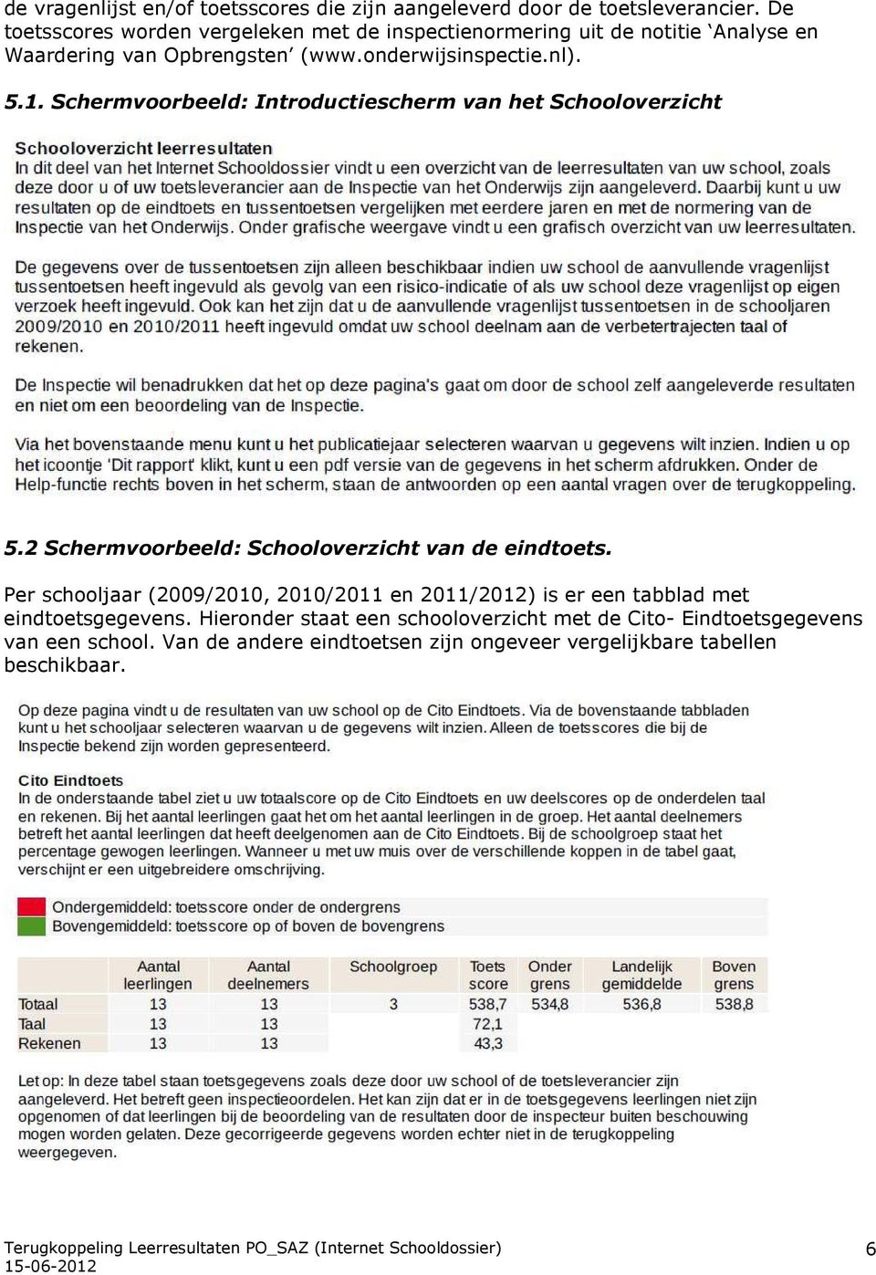 Schermvoorbeeld: Introductiescherm van het Schooloverzicht 5.2 Schermvoorbeeld: Schooloverzicht van de eindtoets.