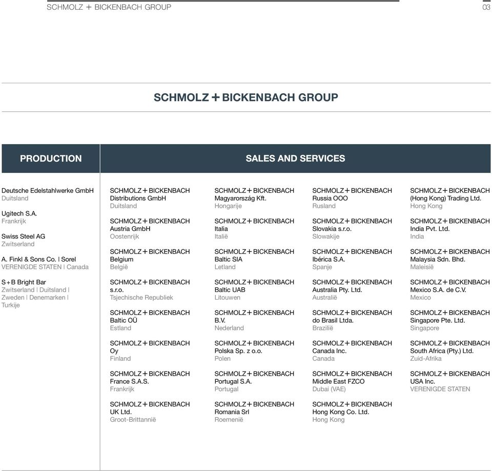 A. Spanje (Hong Kong) Trading Ltd. Hong Kong India Pvt. Ltd. India Malaysia Sdn. Bhd. Maleisië S + B Bright Bar Zwitserland Duitsland Zweden Denemarken Turkije s.r.o. Tsjechische Republiek Baltic OÜ Estland Baltic UAB Litouwen B.