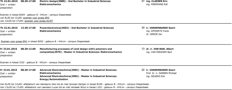 00 Powerelectronics(2653) - 3nd Bachelor in Industrial Sciences 30 ing. APPAERTS Frank dr. GENOE Jan Examen voor groep EM1 in lokaal B203 - gebouw B - KHLim - campus Diepenbeek Fr 23.01.