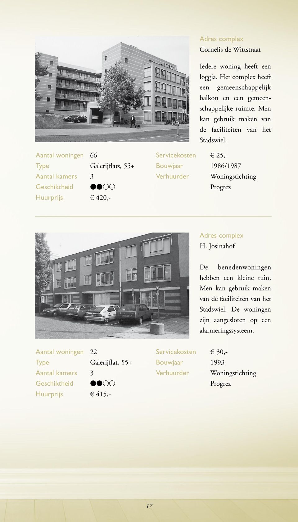 Aantal woningen 66 Galerijflats, 55+ Geschiktheid vvvv Huurprijs 420,- Servicekosten 25,- Bouwjaar 1986/1987 Verhuurder Woningstichting Progrez H.