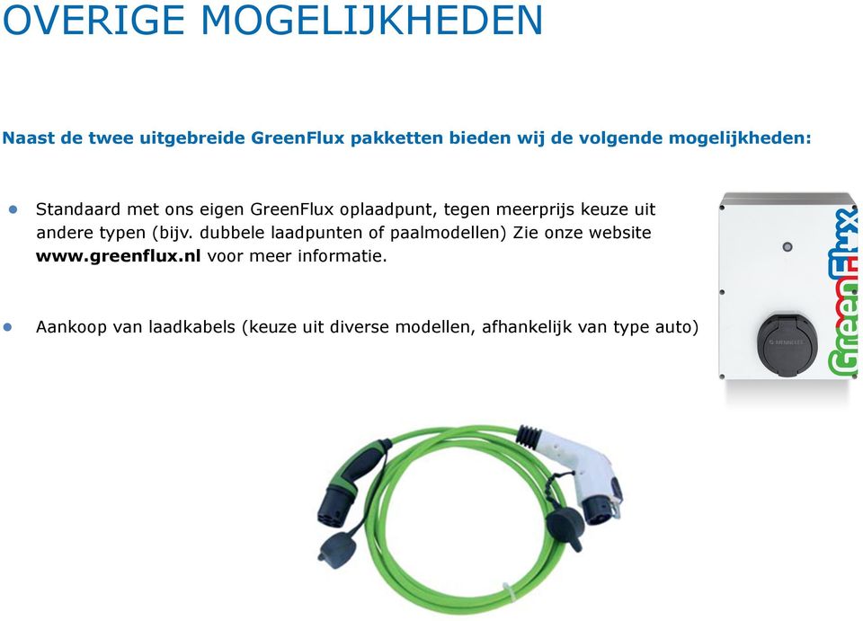 andere typen (bijv. dubbele laadpunten of paalmodellen) Zie onze website www.greenflux.