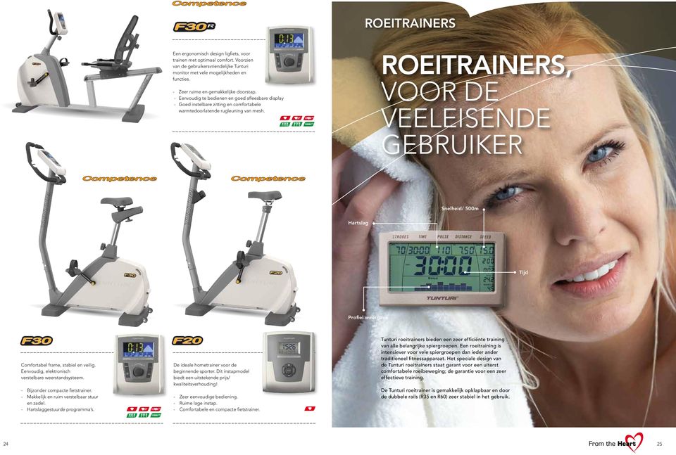 roeitrainers, voor de veeleisende gebruiker Snelheid/ 500m Hartslag Tijd Profiel weergave Comfortabel frame, stabiel en veilig. Eenvoudig, elektronisch verstelbare weerstandsysteem.