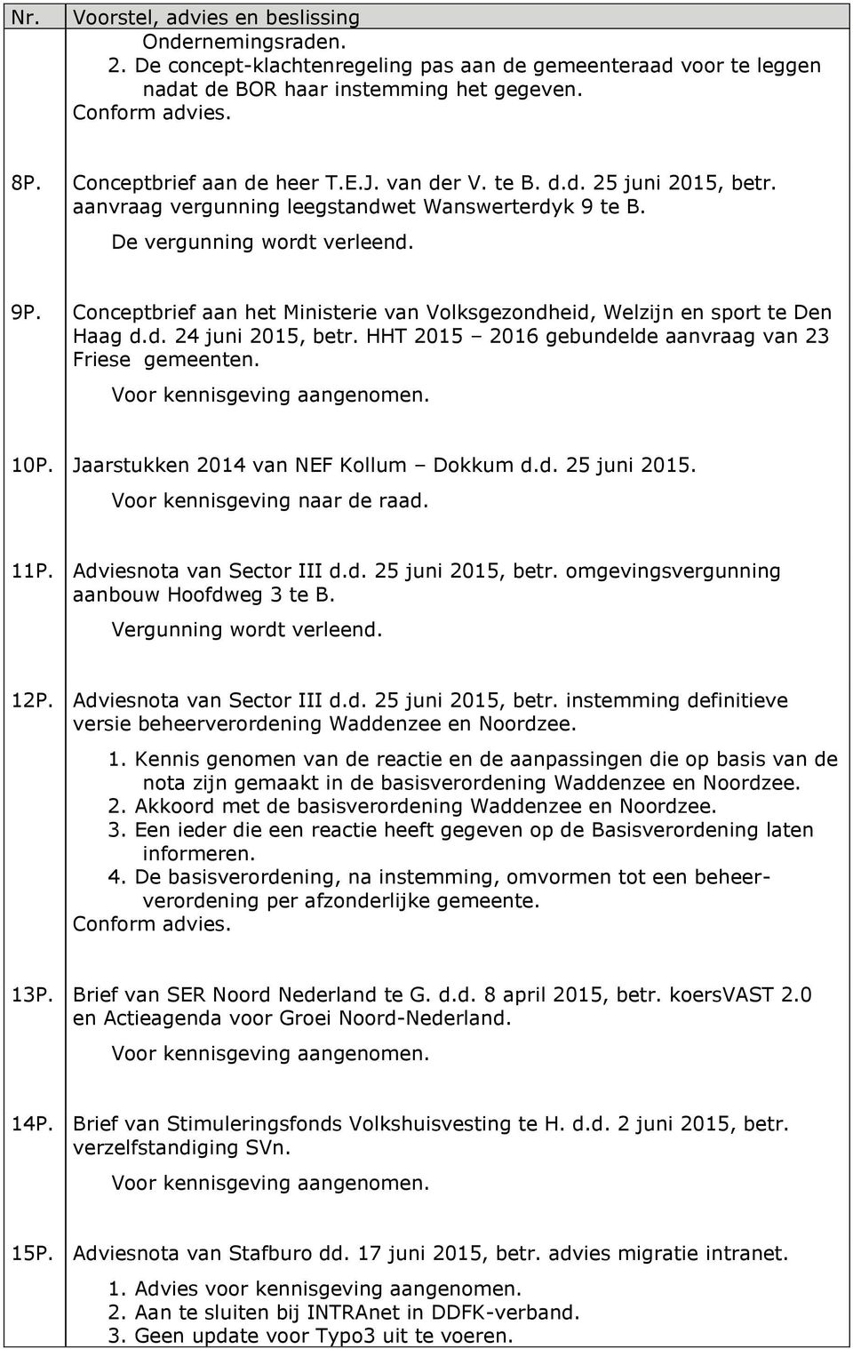 Conceptbrief aan het Ministerie van Volksgezondheid, Welzijn en sport te Den Haag d.d. 24 juni 2015, betr. HHT 2015 2016 gebundelde aanvraag van 23 Friese gemeenten. 10P.