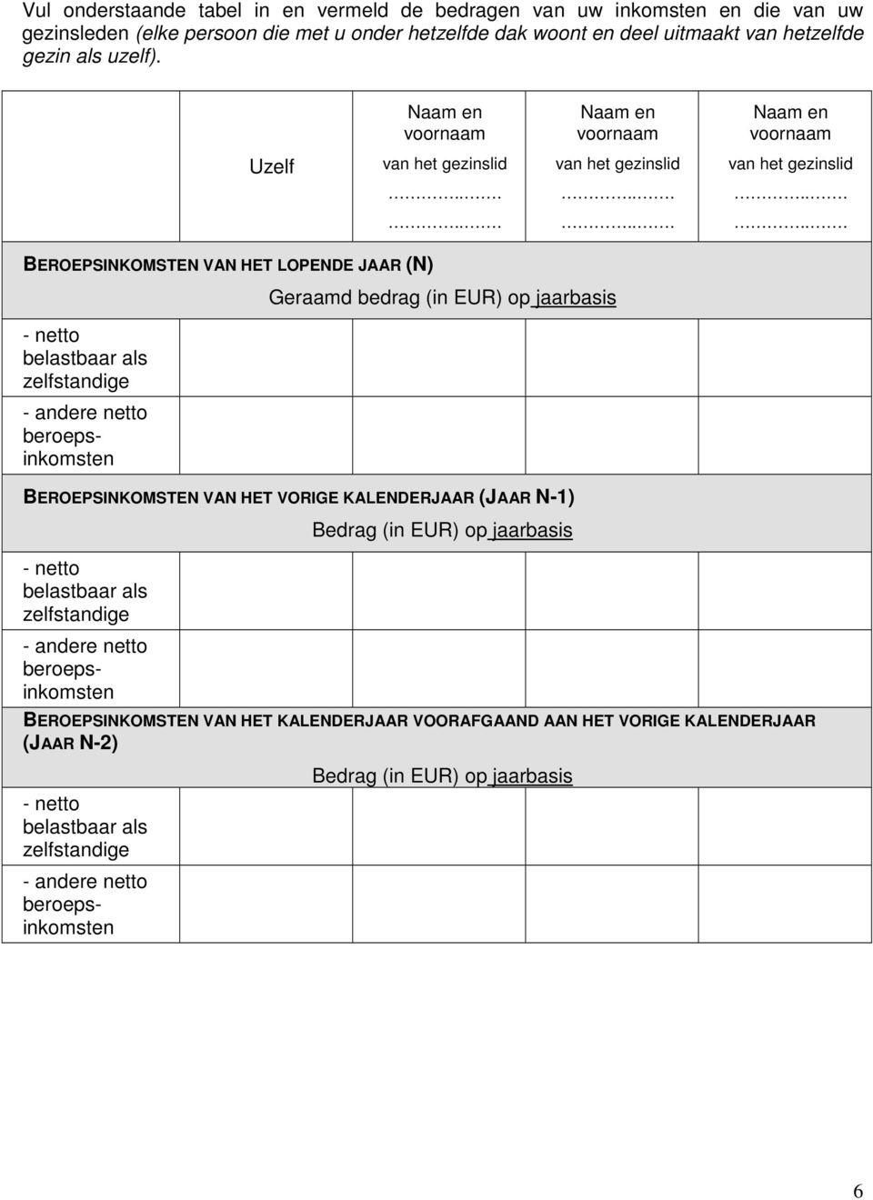 Uzelf BEROEPSINKOMSTEN VAN HET LOPENDE JAAR (N) - netto belastbaar als zelfstandige - andere netto beroepsinkomsten Geraamd bedrag (in EUR) op jaarbasis BEROEPSINKOMSTEN