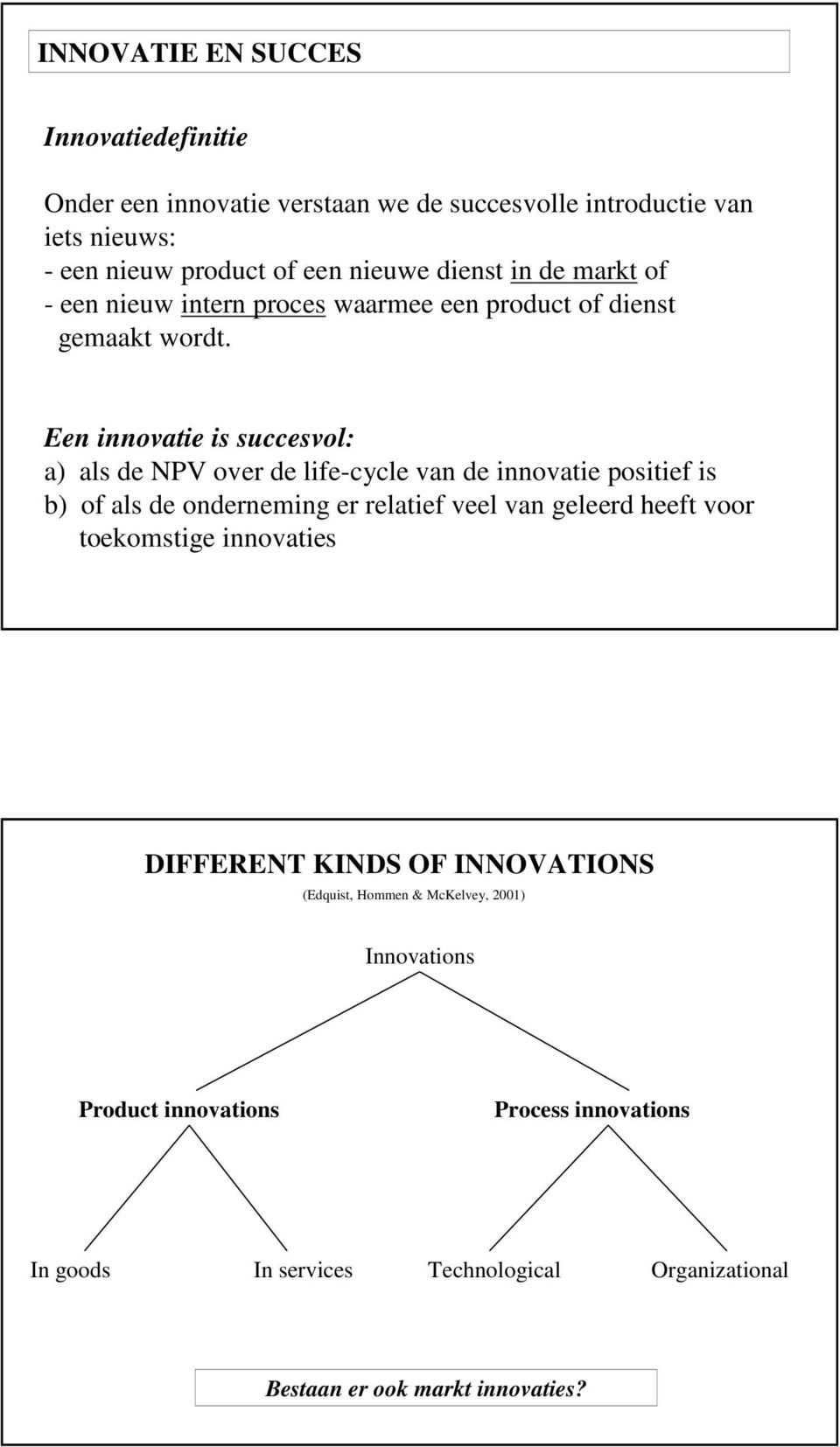 Een innovatie is succesvol: a) als de NPV over de life-cycle van de innovatie positief is b) of als de onderneming er relatief veel van geleerd heeft voor