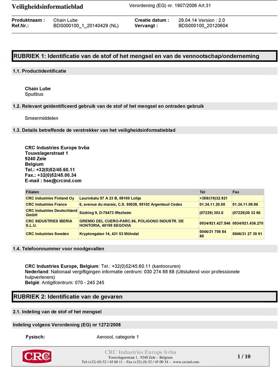 Details betreffende de verstrekker van het veiligheidsinformatieblad Touwslagerstraat 1 9240 Zele Belgium Tel.: +32(0)52/45.60.11 Fax.: +32(0)52/45.00.34 E-mail : hse@crcind.