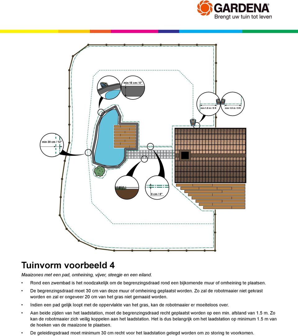 Zo zal de robotmaaier niet gekrast worden en zal er ongeveer 0 cm van het gras niet gemaaid worden. Indien een pad gelijk loopt met de oppervlakte van het gras, kan de robotmaaier er moeiteloos over.