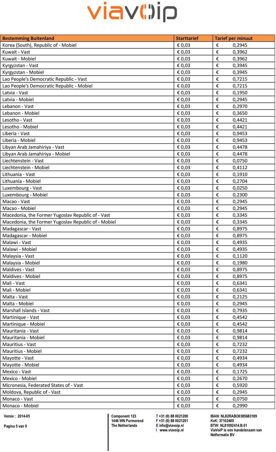 0,03 0,4421 Lesotho - Mobiel 0,03 0,4421 Liberia - Vast 0,03 0,9453 Liberia - Mobiel 0,03 0,9453 Libyan Arab Jamahiriya - Vast 0,03 0,4478 Libyan Arab Jamahiriya - Mobiel 0,03 0,4478 Liechtenstein -
